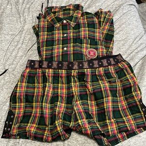 Flannel Green/Yellow Plaid Savage x Fenty Long Sleeved Shirt and Short Set